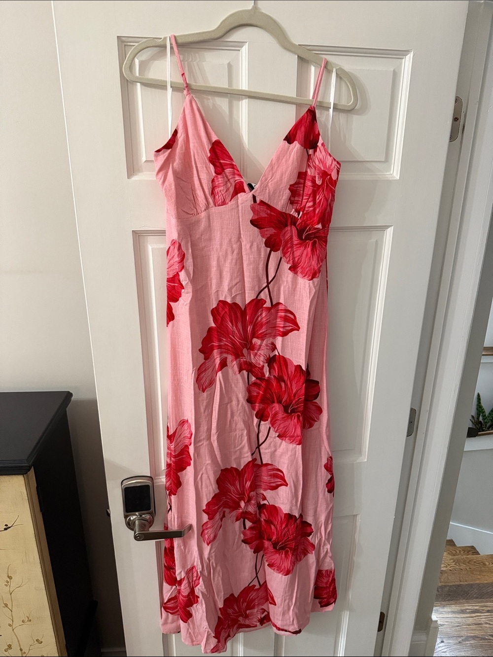 Pink Maxi Slip Dress with Red Floral Print